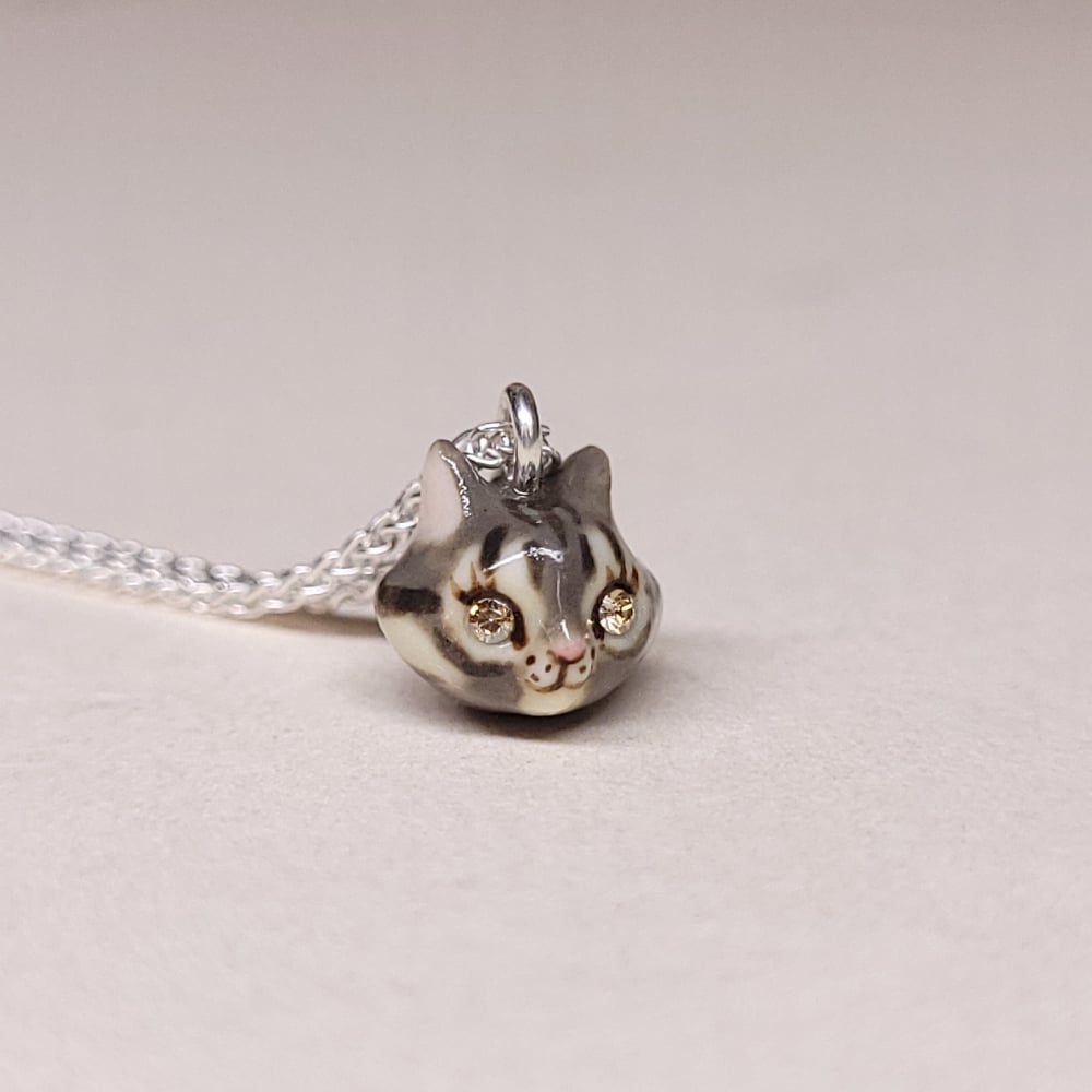 Image of Dark Grey Tabby Porcelain & Sterling Silver Teeny Tiny Cat Pendant