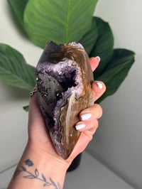 Image 11 of AMETHYST ON A CUSTOM STAND WITH A PERFECT SUGAR COATED CALCITE POINT -URUGUAY-