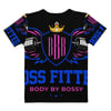 BOSSFITTED Black Neon Pink and Blue AOP Women's T-shirt