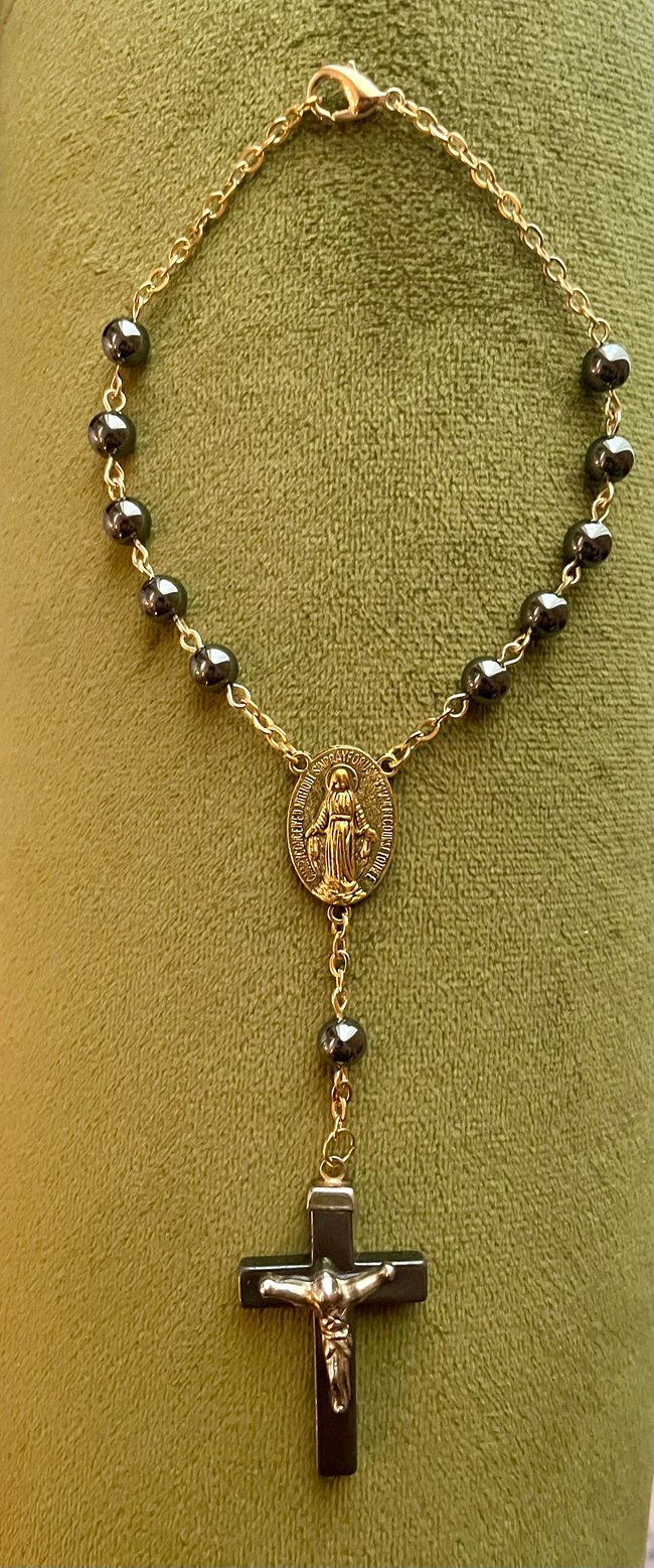Traditional Car Rosary - Gold Tone and Hematite