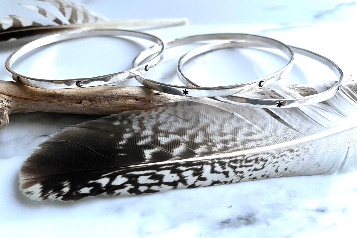 Image of 3 Celestial Sterling Silver Handmade Bangles, Moon, Star, Moon & Star 