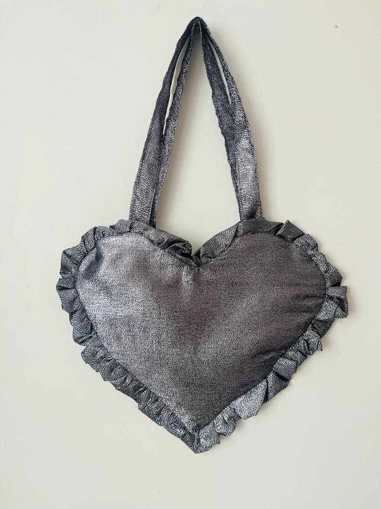 Image of Silver Metallic Ruffle Heart Tote – Futuristic Y2K Glam