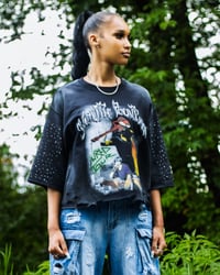 Image 3 of "WRLD Tour" Acid Washed Distressed Rhinestone Sleeved Heavy Tee