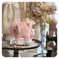 Image 9 of Handmade pink  teddy elephant on a little wooden cart.