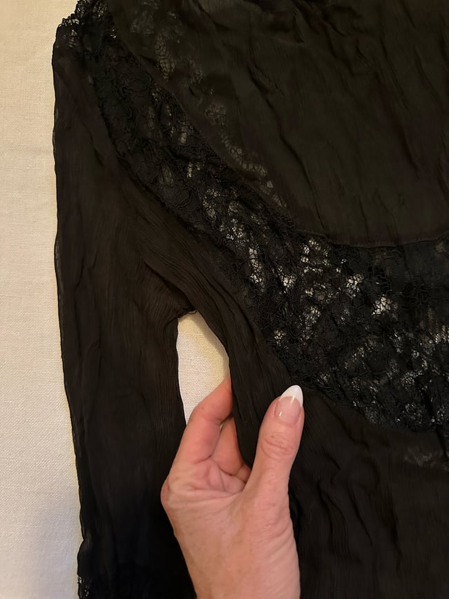 1920s noir tissue silk and handmade lace dress 