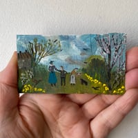 Three figures in a spring garden - tiny painting 