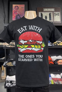 “Eat With The Ones You Straved With” T-shirt (Black/red)