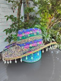 Image 2 of Dolly cowboy hat - recycled sari fabric green pink blue