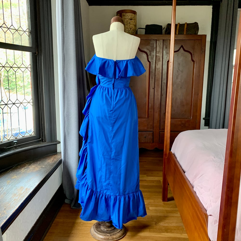 Blue Strapless Ruffle Dress XS