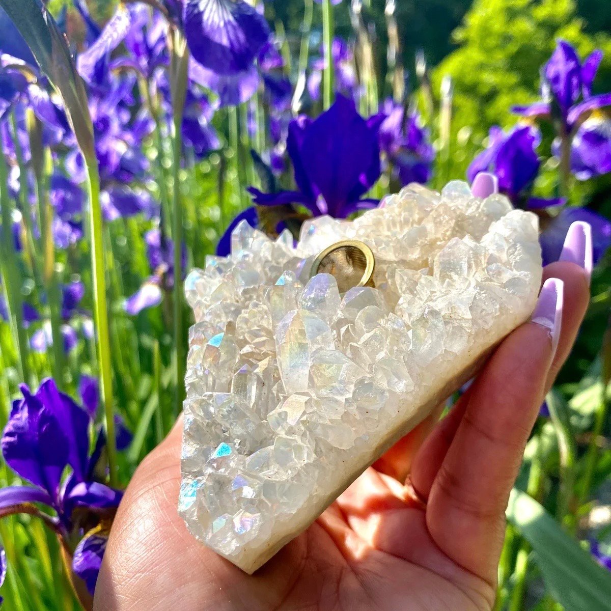 Image of White Angel Aura Quartz Cluster Gemstone Smoking Hand Pipe
