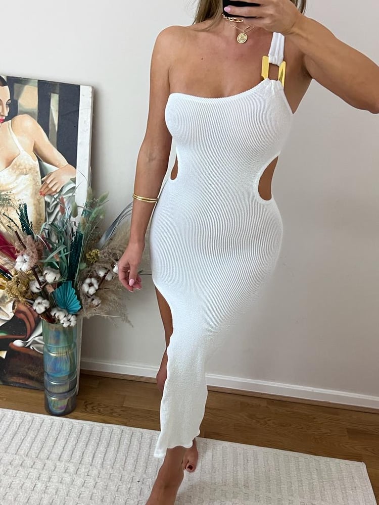 Image of White Crinkle Asymmetric Cut Out Maxi Dress