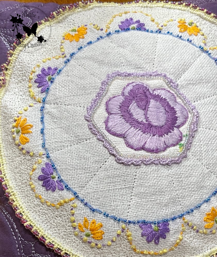 Image of Vintage Pincushion- Purple Rose Embroidered Doily
