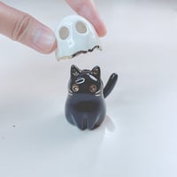 Image 4 of Black Kitty Cat With Ghost Mask Ceramic Figurine (tiny hole for flower)