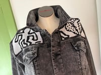 Image 4 of Upcycled “Haring Subway Graffiti” tapestry denim jacket