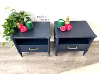 Image 8 of Vintage Stag Chateau Bedside Tables / Bedside Cabinets painted in navy blue.