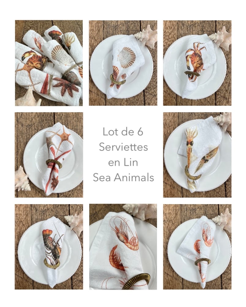 Image of Serviettes en Lin Sea Animals Lot De 6