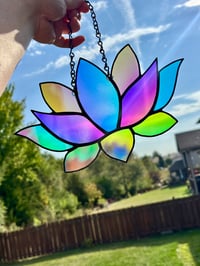 Image 1 of Rainbow Dichroic Stained Glass Lotus Suncatcher - Rainbow Iridescent Flower Window Art Decor