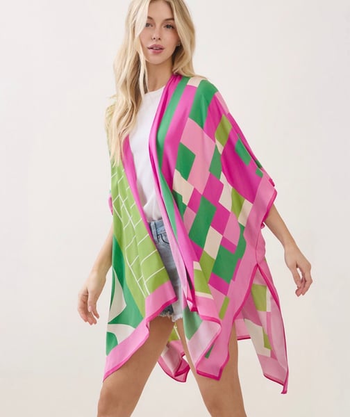 Image of Lightweight Geometric Pattern Kimono Poncho Wrap