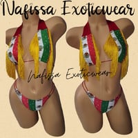 Image 1 of "Crystal Mexican Flag 1-Piece Backless Bodysuit, 2-Piece Thong Sets, Shorts Set"
