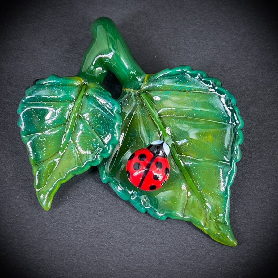 Image of Deep Green Ladybug Leaf Pendant