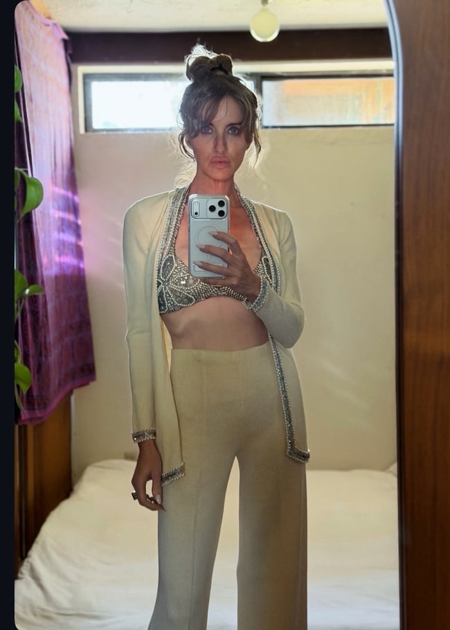 early 70s italian luxury knit trouser set w embellished bra top and sash belt