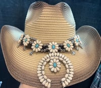 Image 1 of Cream/Brown 2 Tone Cowboy Hat Cream & Blue Stone Band 