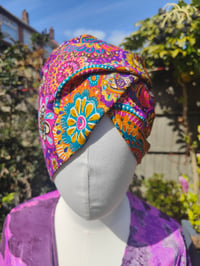 Image 4 of Boho head wrap with Wire - sari fabric -neon henma