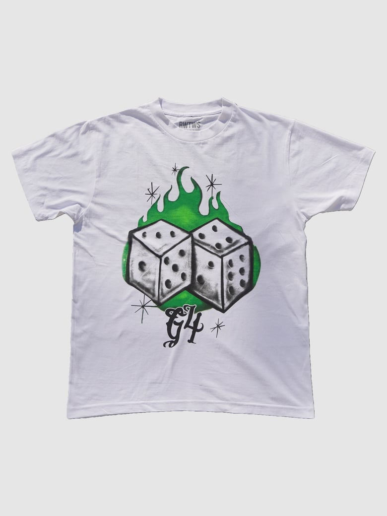 Image of RWTW$ WHITE DICE GREEN FLAME T-SHIRT