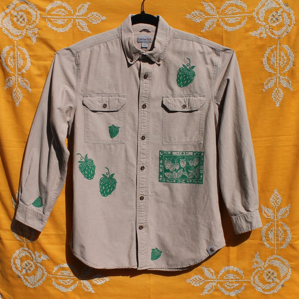 Image of Green Strawberries Block Printed Carhartt Button Up