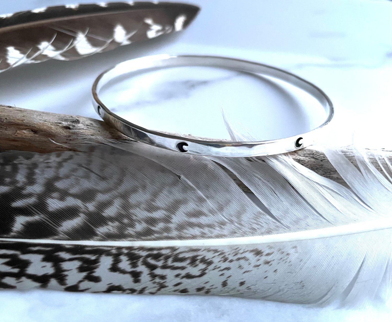 Image of Celestial Sterling silver crescent moon bangle 925. Handstamped luna bracelet.