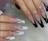 Image 2 of Nails - Long (Black & White Tips w/Design)