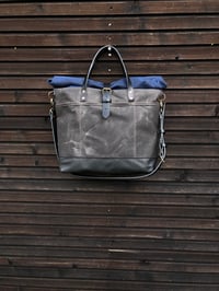 Image 2 of Waxed canvas roll to close top tote bag with luggage handle attachment leather handles and shoul