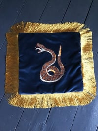 Image 1 of Blue Velvet Snake Patch Cushion Cover With Gold Fringe