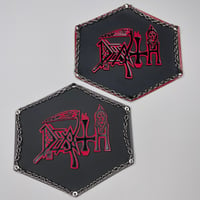 Image 1 of Death "A" Metal Pin Attached To faux Leather Oversized Patch With Real Chains (READ DESCRIPTION)