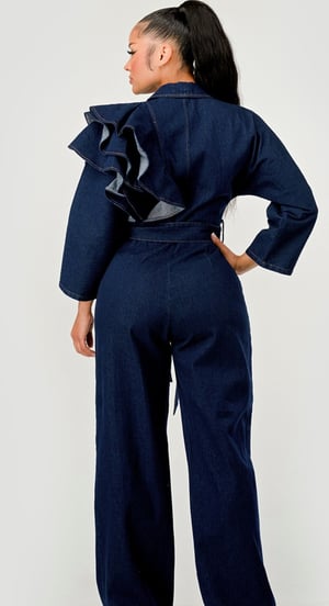 Image of Dark Denim Ruffle Shoulder Jumpsuit