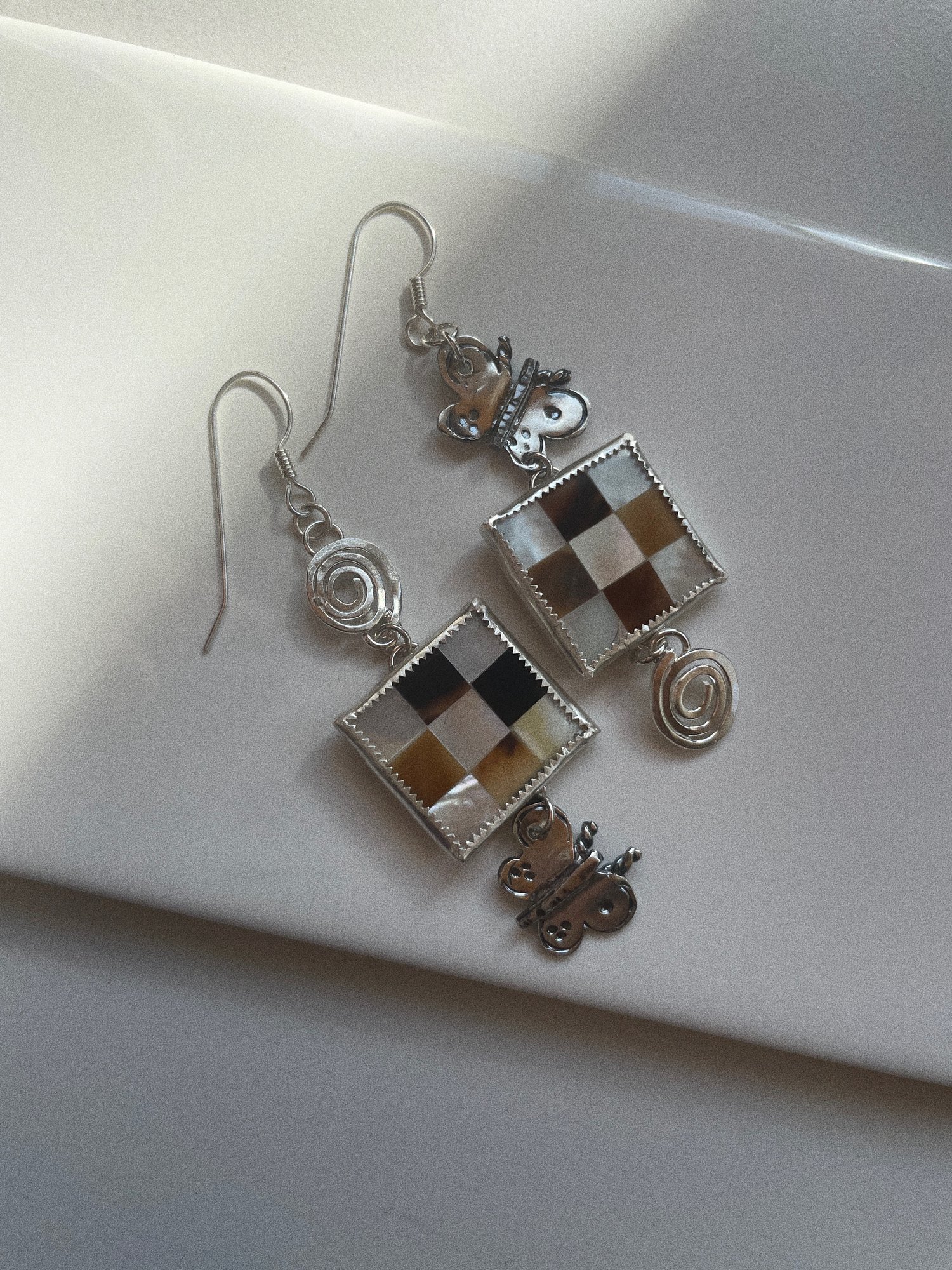 Image of Swirly, Checkered, Butterfly earrings