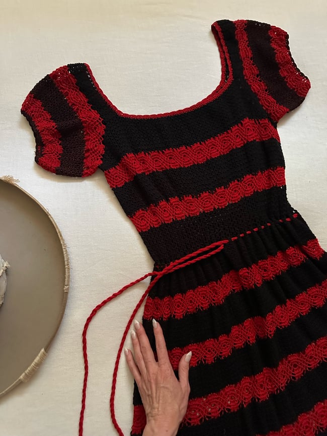 70s black and red crochet dress