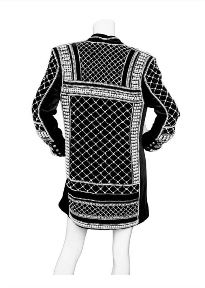 Image of BALMAIN x HM BLACK VELVET EMBELLISHED BLAZER DRESS (US 10/EU 40)