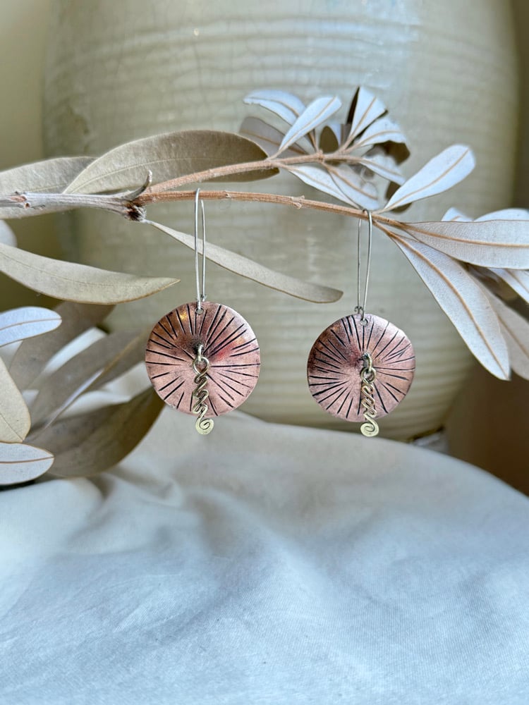 Image of Copper, brass and silver hooks earrings 
