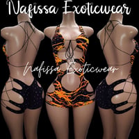 Image 2 of Rhinestone Lightning Print Bodysuit & Romper -Crystal Cutout Clubwear Set 