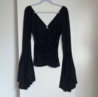 Image 3 of FREE PEOPLE black V-neck gathered front long bell sleeve top shirt