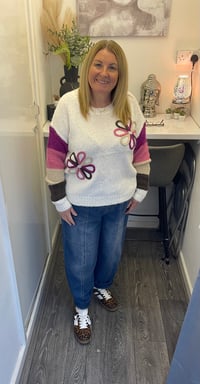 Image 1 of Striped Colour Sleeve Embroidered Flower Jumper Pink