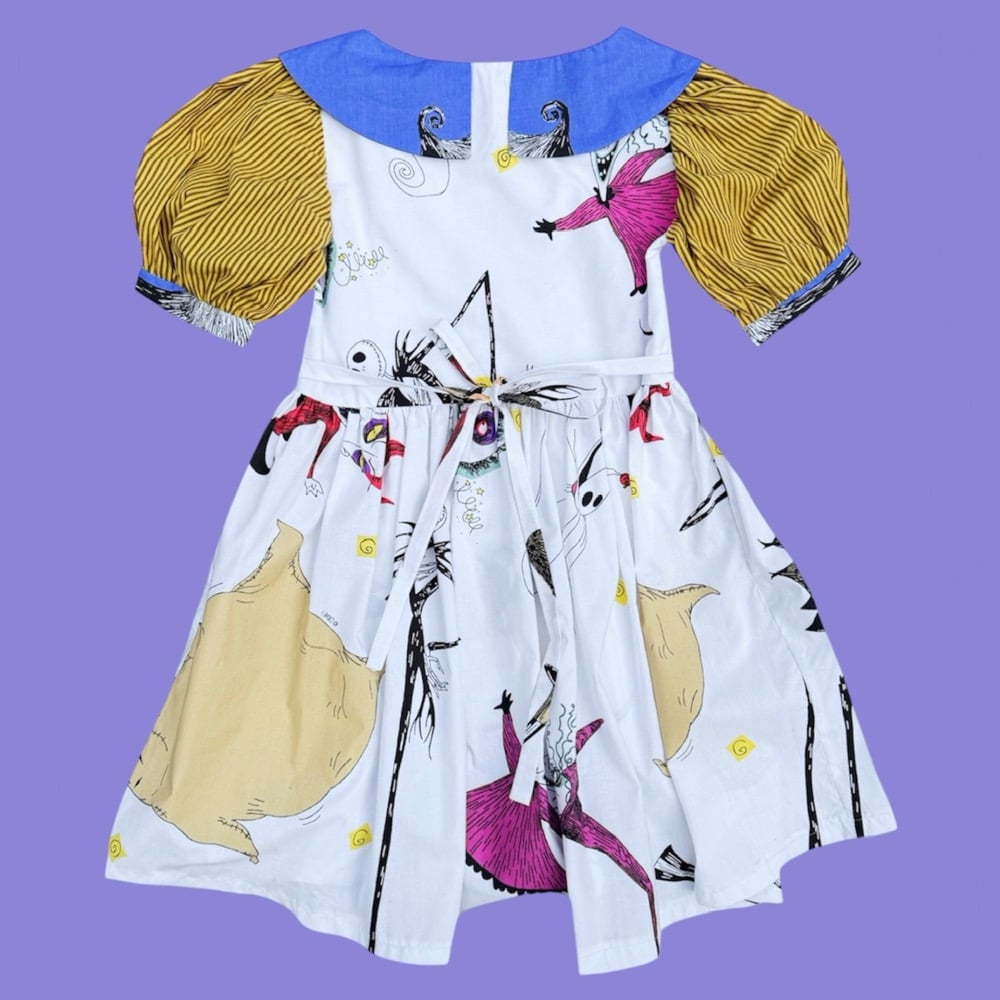 Image of Collared Puff Sleeve Dress — Halloween Yellow Stripes