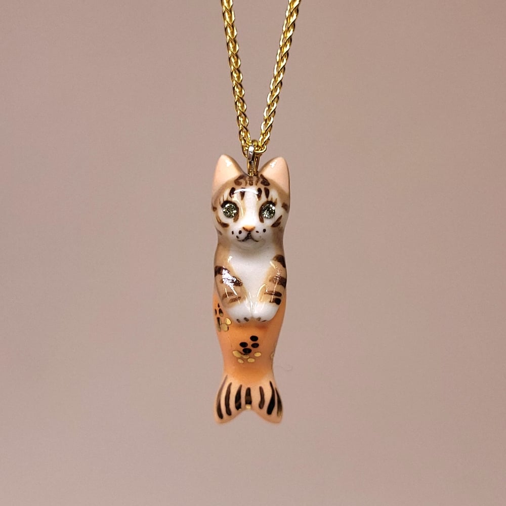 Image of Brown Tabby Purrkitten Porcelain & Gold Vermeil Pendant