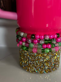 Image 3 of Watermelon Theme Green & Pink Tumbler Bracelet Stack with Gold Charms