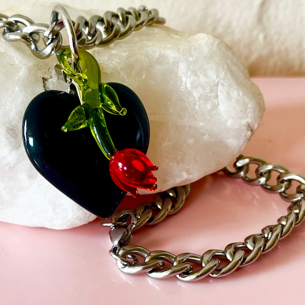 Image of Chunky Black Glass Heart and Glass Rose Necklace