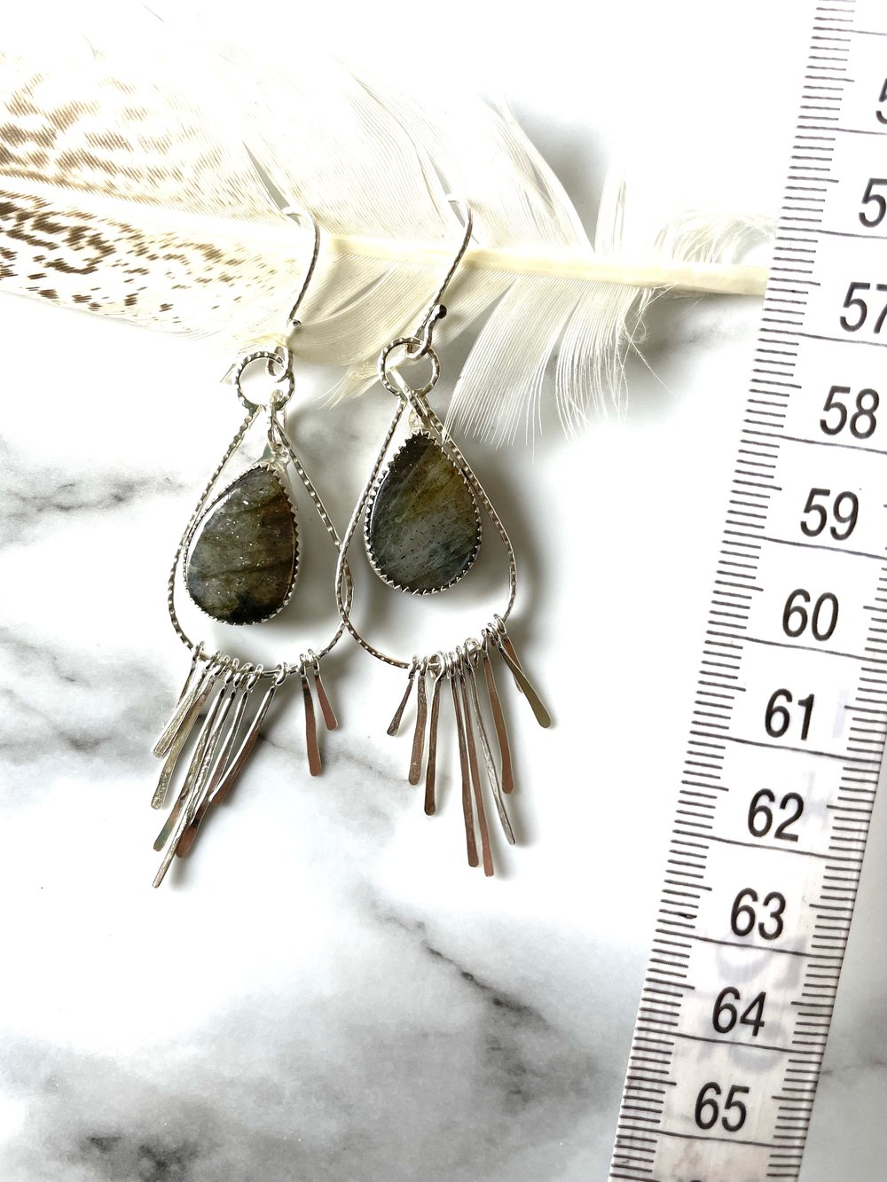 Handmade Sterling Silver Dangly Tassel Labradorite Earrings 925