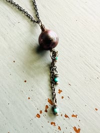 Image 22 of peacock pearl pendant with Kingman turquoise fringe