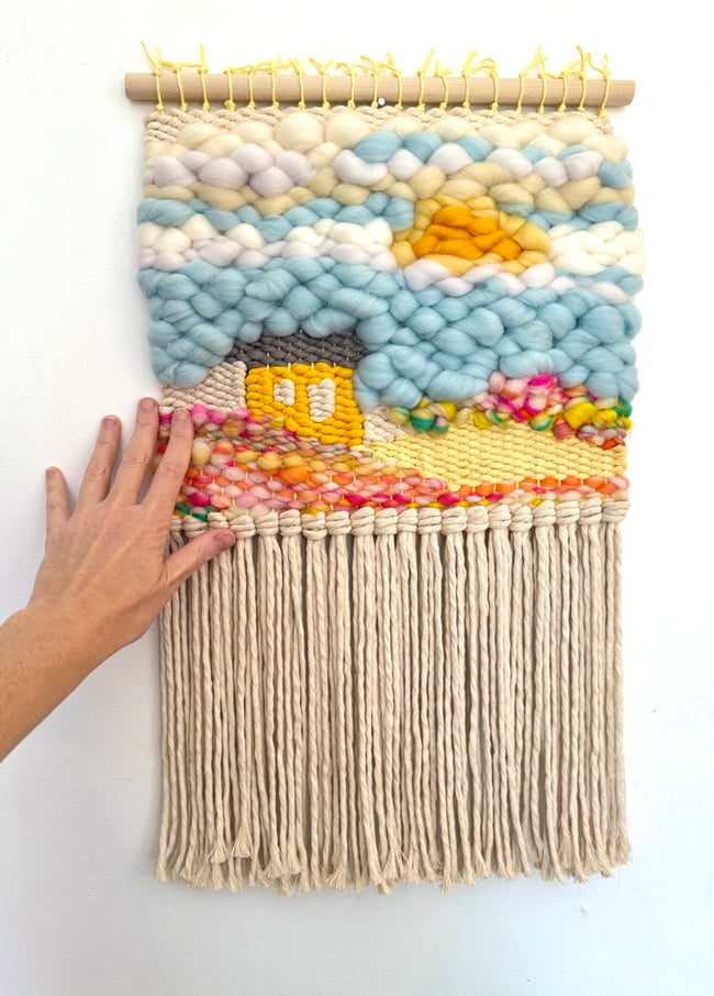 Little Yellow house & the candy mountains. Woven wall hanging.