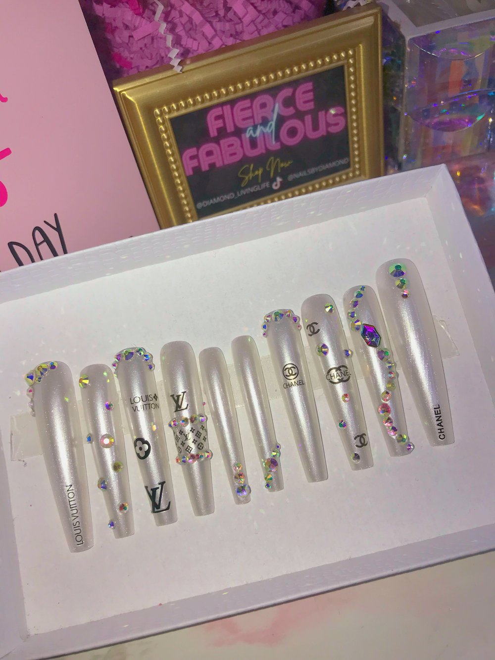 Image of Luxury LV & CC Pearl 3XL Coffin Nail Set 